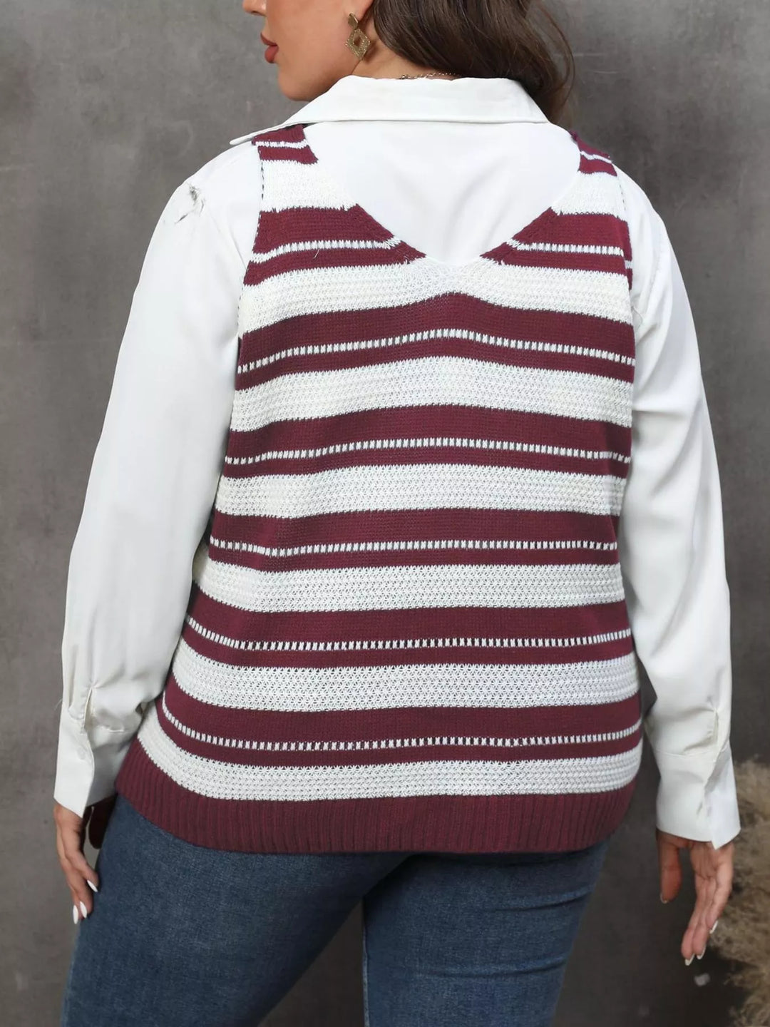 Plus size striped V-neck knit sweater vest
