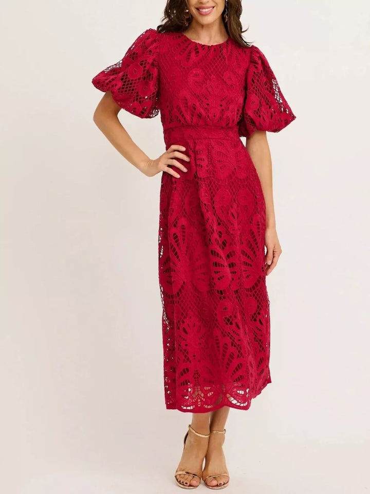 Wine Red Crochet lace puff sleeve midi dress with scalloped hem