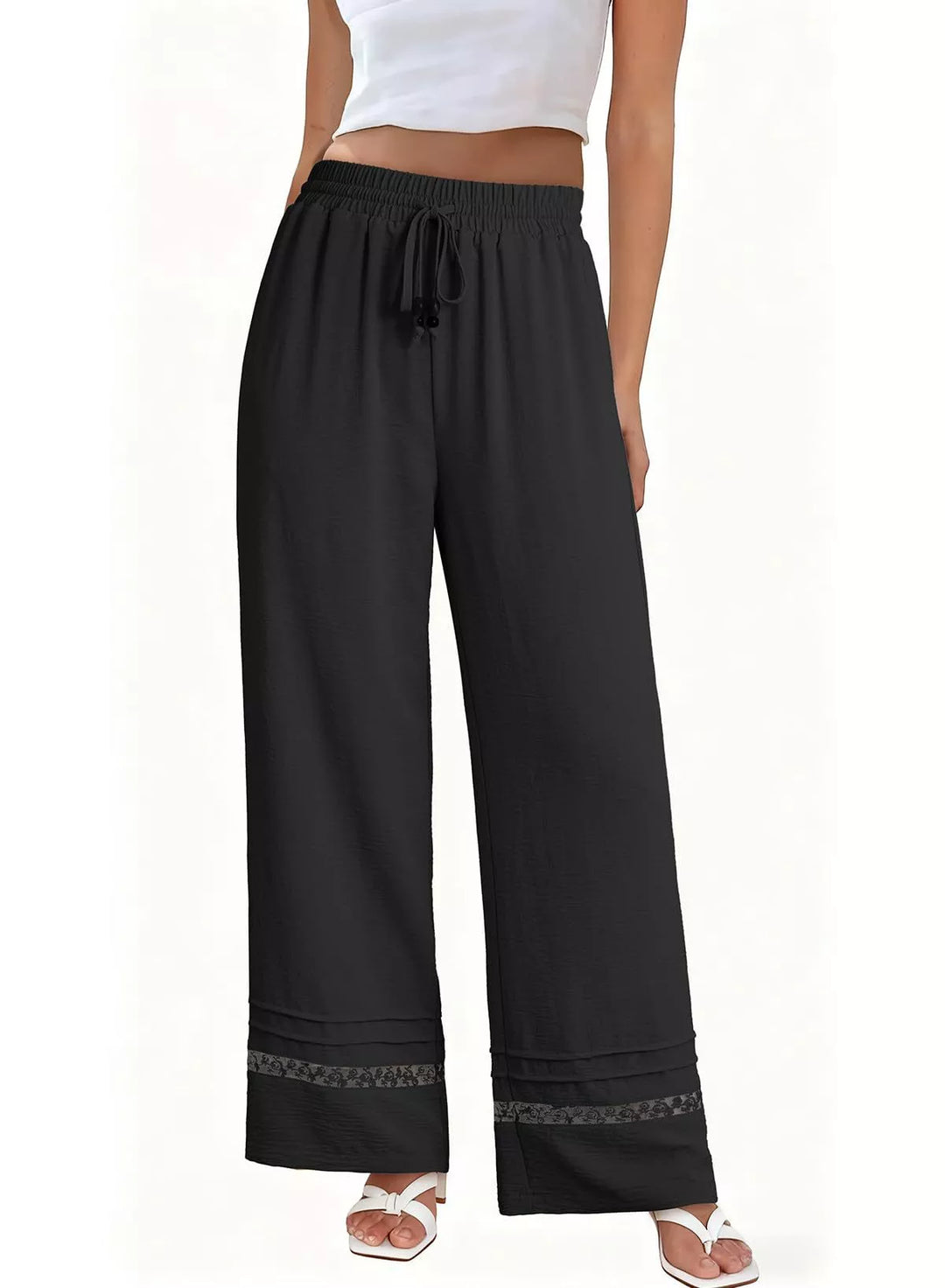 Wide leg drawstring pants with embroidered lace hem