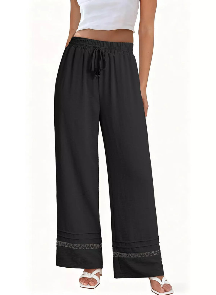 Wide leg drawstring pants with embroidered lace hem