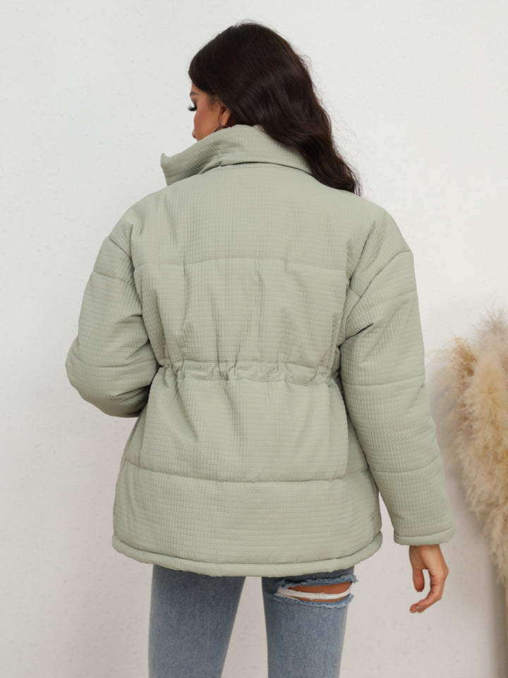 Drawstring waist zip-up puffer jacket with stand collar