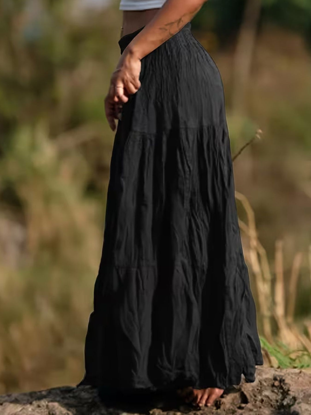 Tiered boho maxi skirt with smocked waistband