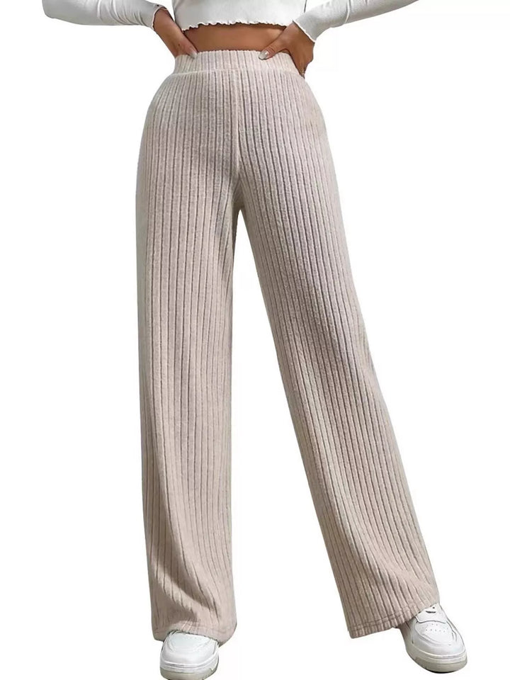 Beige Ribbed knit wide-leg sweater pants with elastic high-rise waist