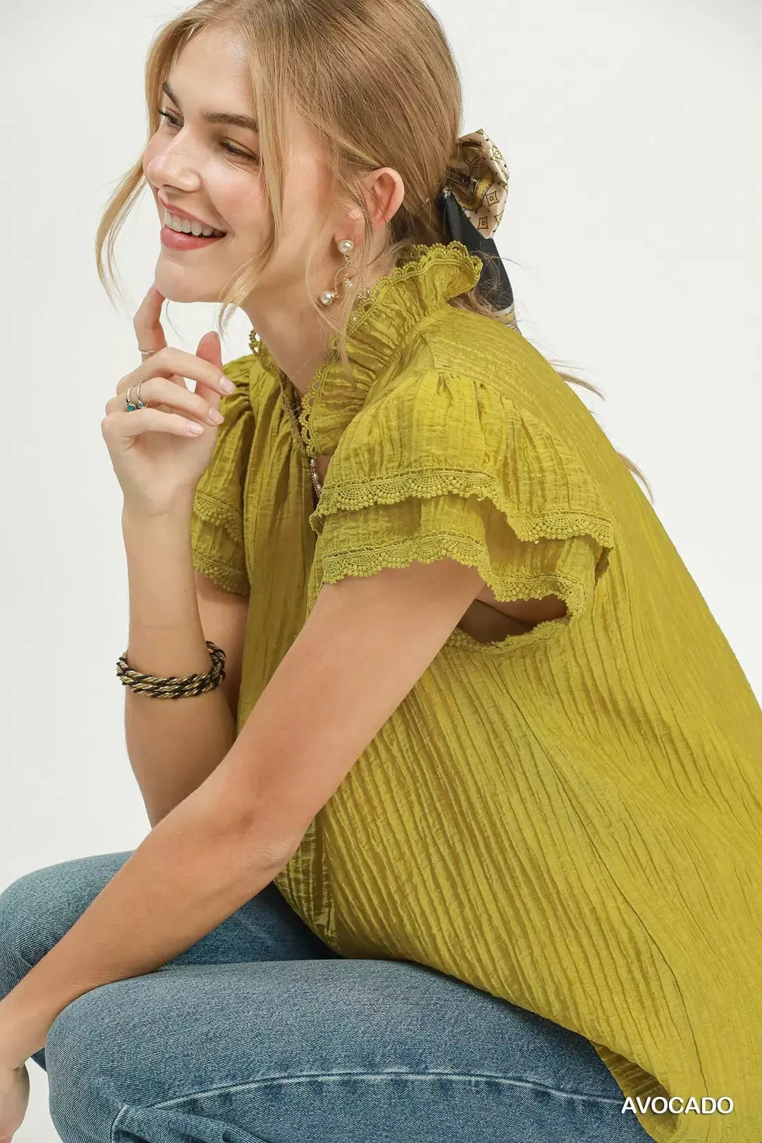 Double ruffle cap sleeve split V-neck top with lace trim