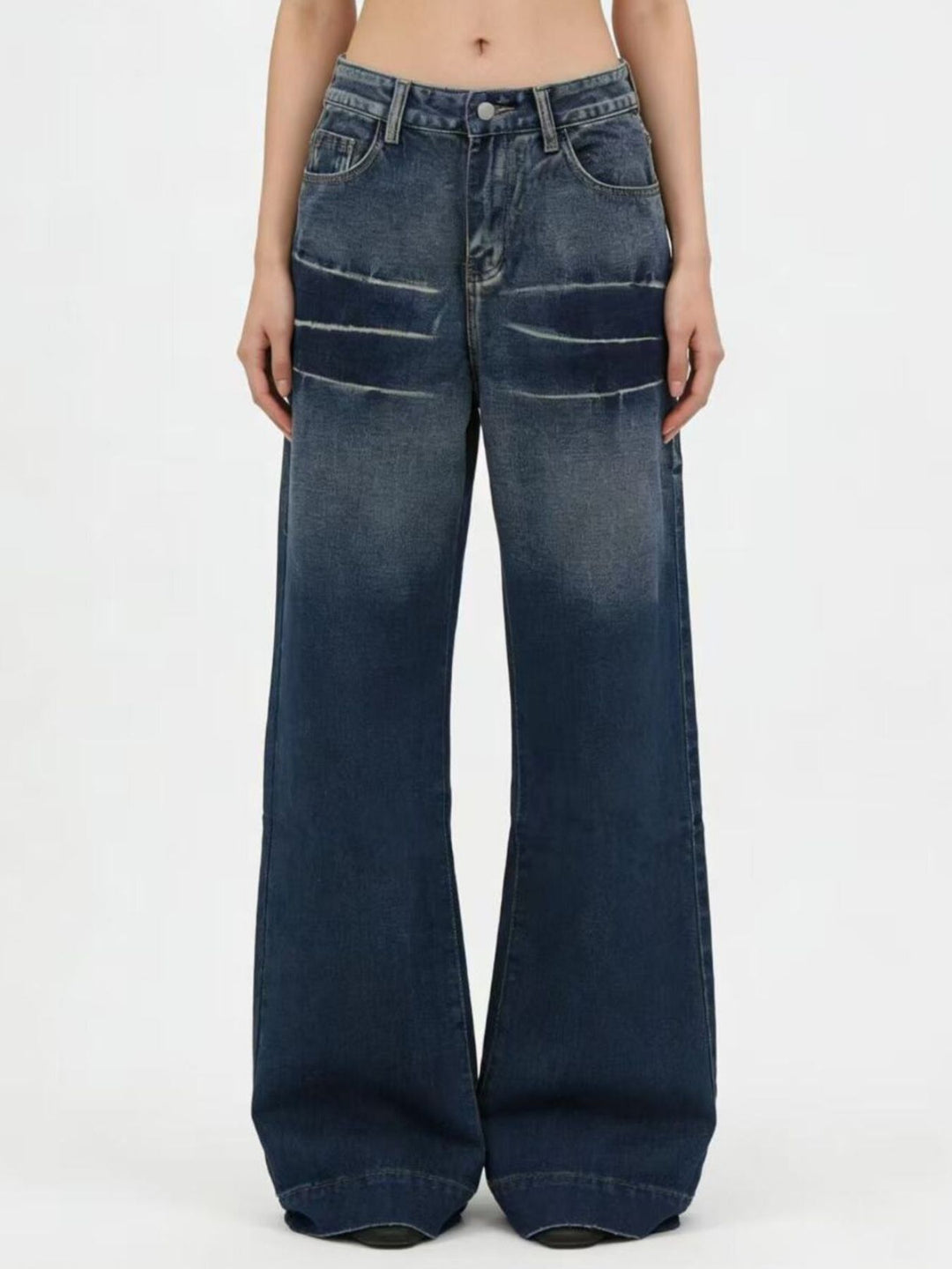 Blue Distressed wide-leg jeans with faded thigh wash