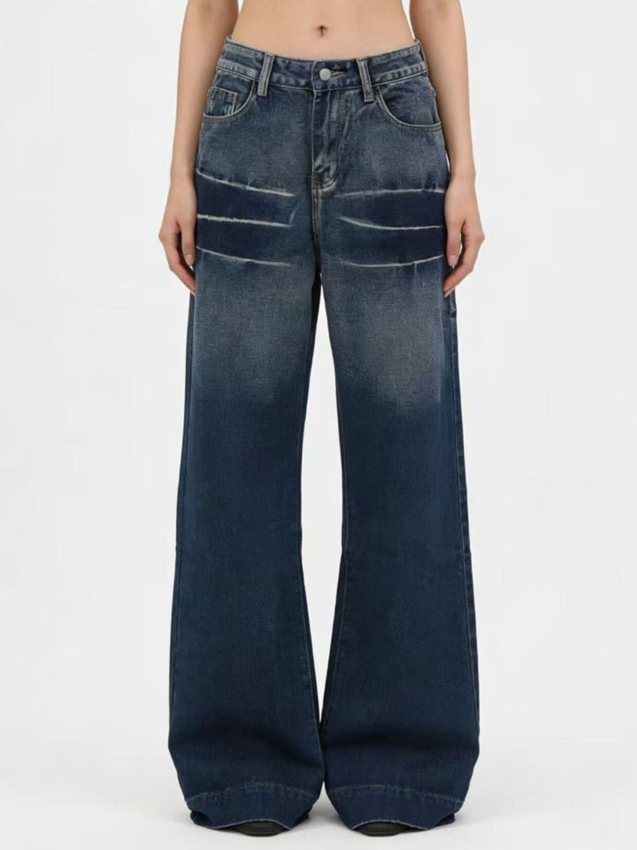 Blue Distressed wide-leg jeans with faded thigh wash