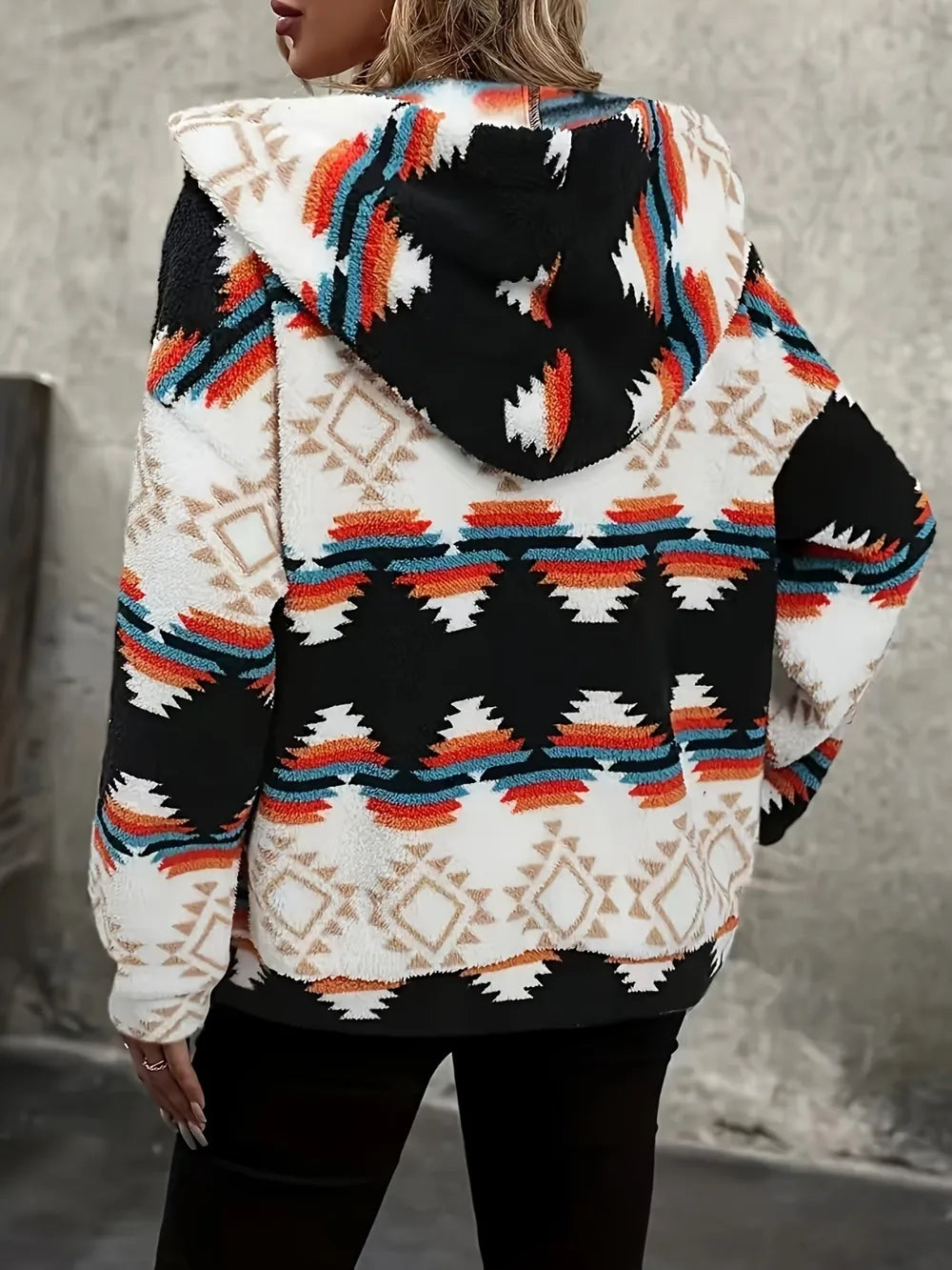 Aztec geometric print zip-up hooded sherpa jacket