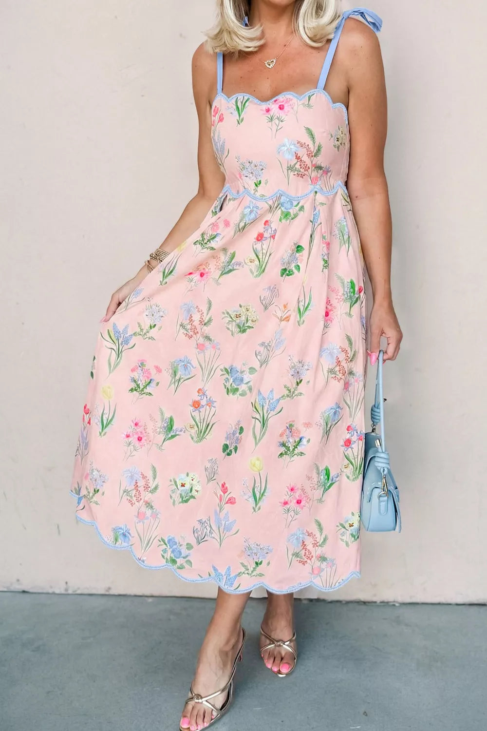 Floral midi dress with self-tie straps and scalloped trim