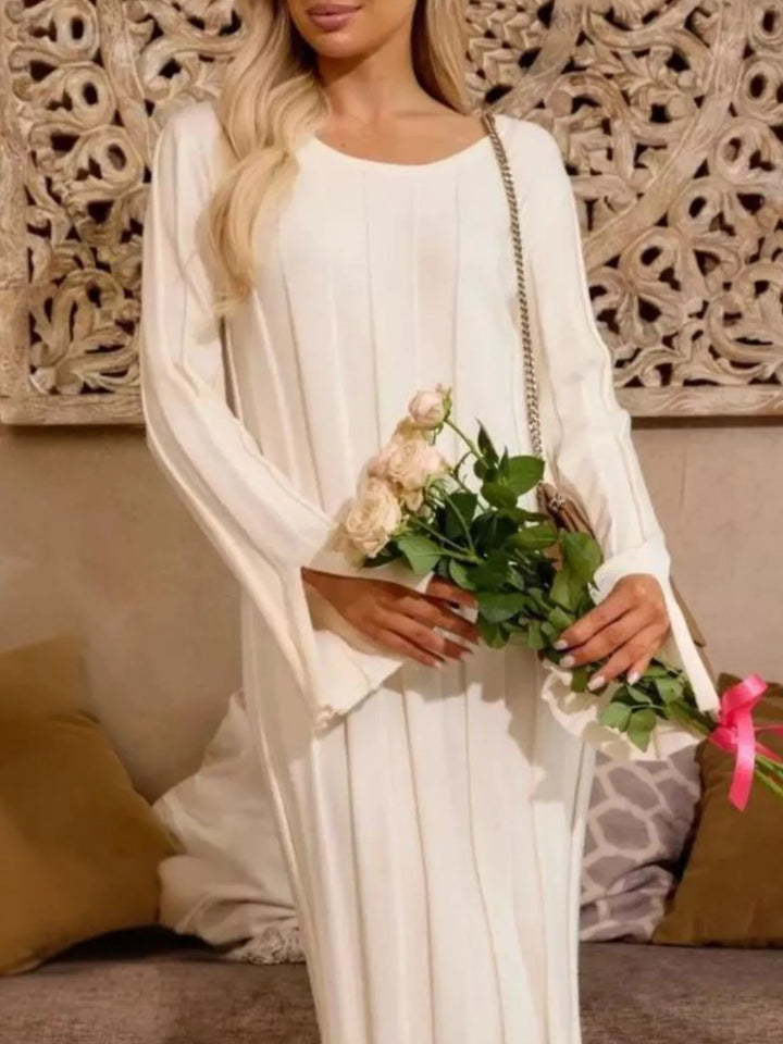 Ribbed knit maxi sweater dress with side slit and flared sleeves