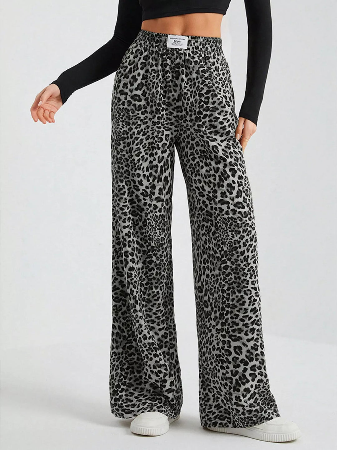 Black High-rise elastic waist wide leg pants with label patch