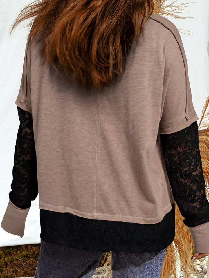 Lace-panel long sleeve tee with exposed seams
