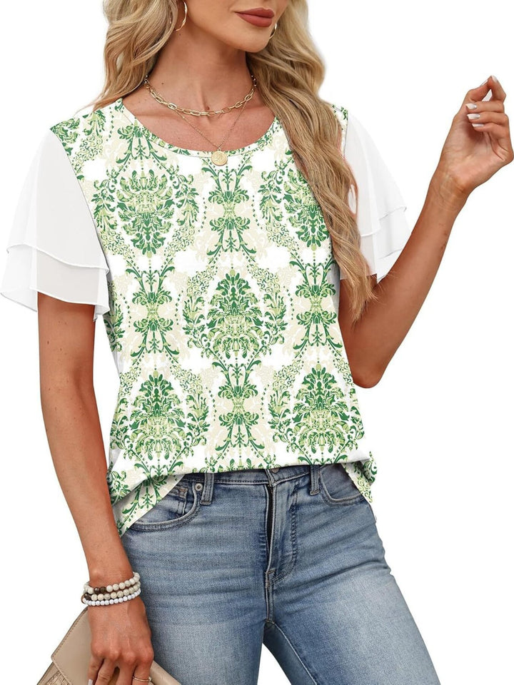 Green Layered leopard ruffle sleeve round neck top