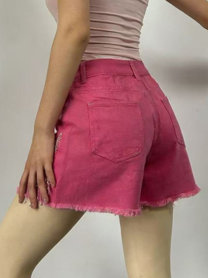 Rhinestone fringe high-rise raw hem denim shorts