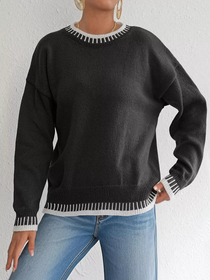 Contrast whipstitch trim drop shoulder crew neck sweater
