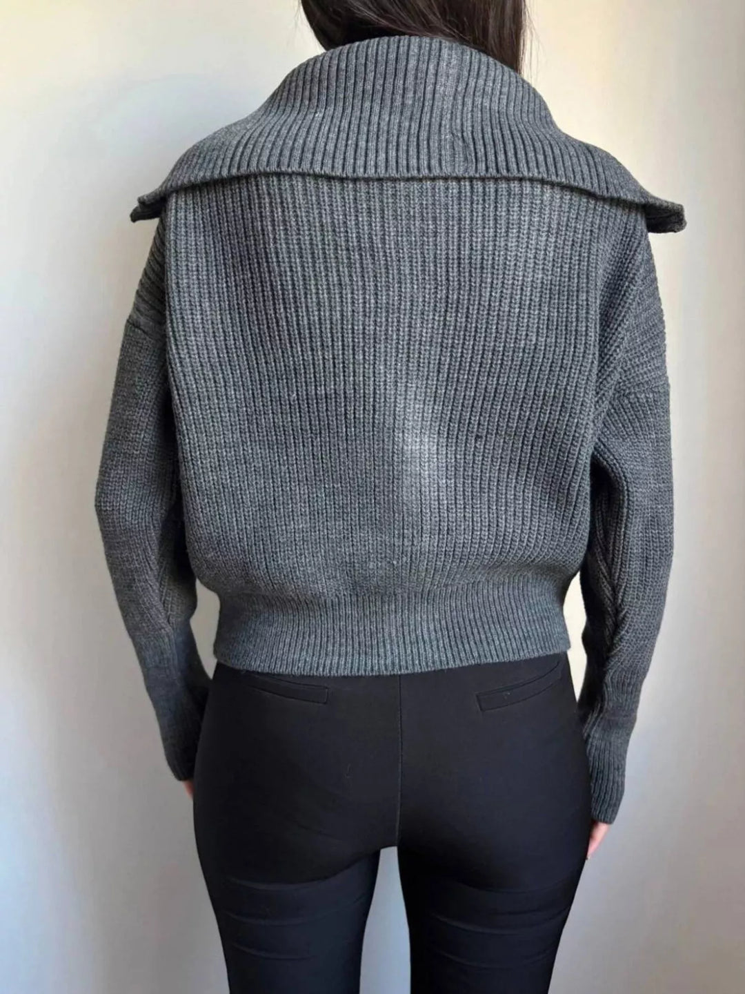 Chunky two-way zip sweater jacket with foldover collar