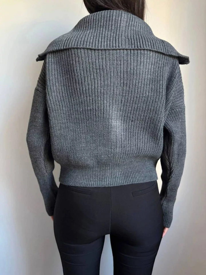 Chunky two-way zip sweater jacket with foldover collar