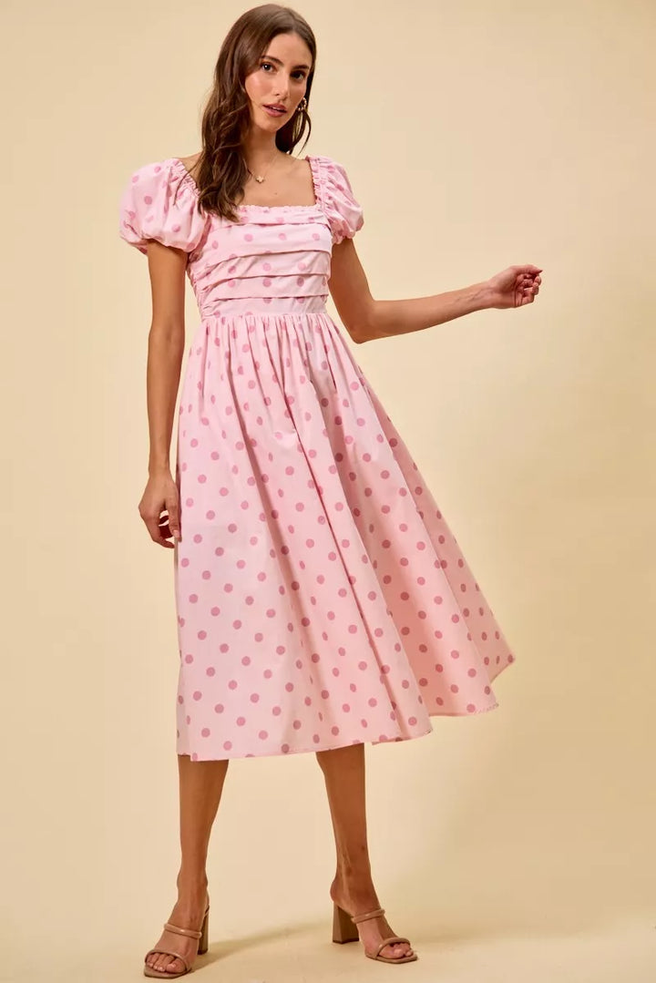Polka dot puff sleeve midi dress with pleated bodice