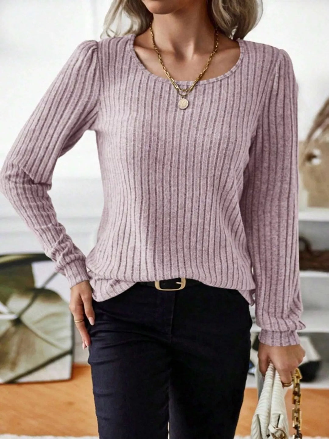 Ribbed knit scoop neck long sleeve top