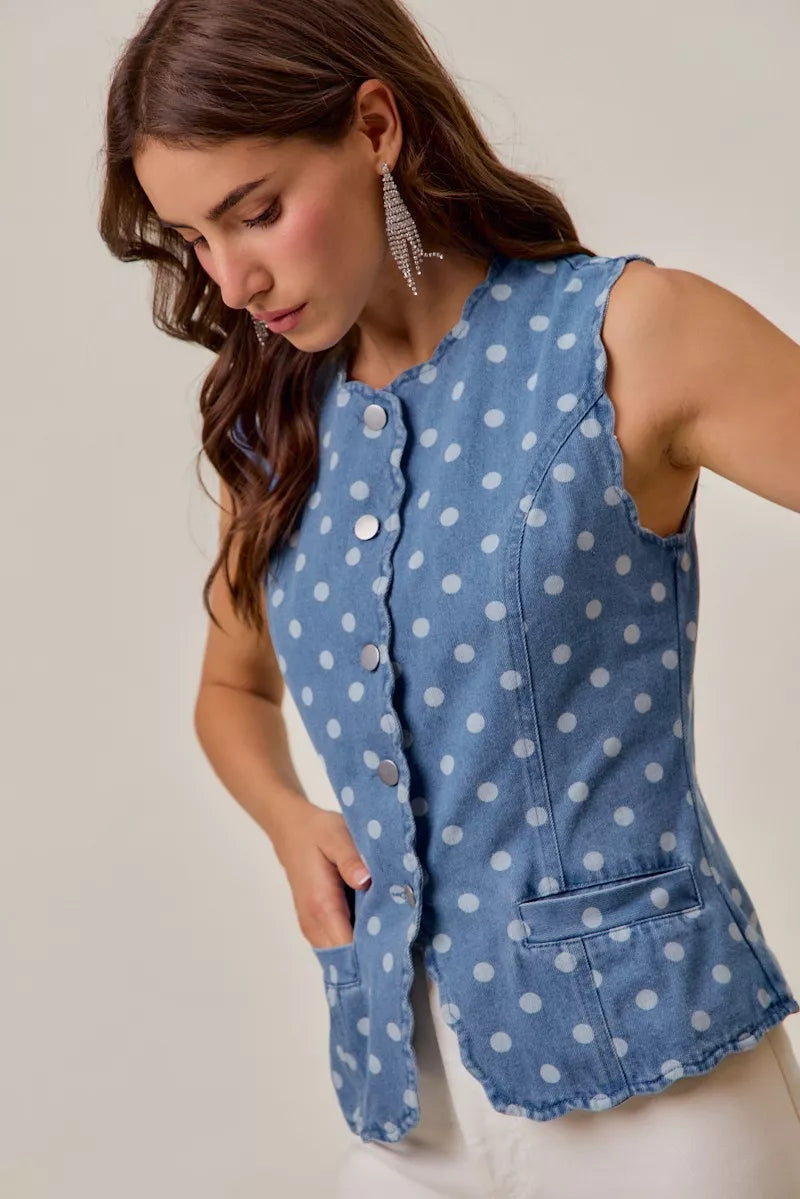 Polka dot denim button-down vest with scallop edge trim