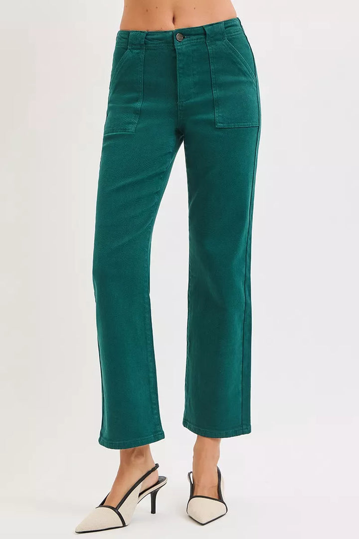 High-rise ankle flare jeans with utility patch pockets