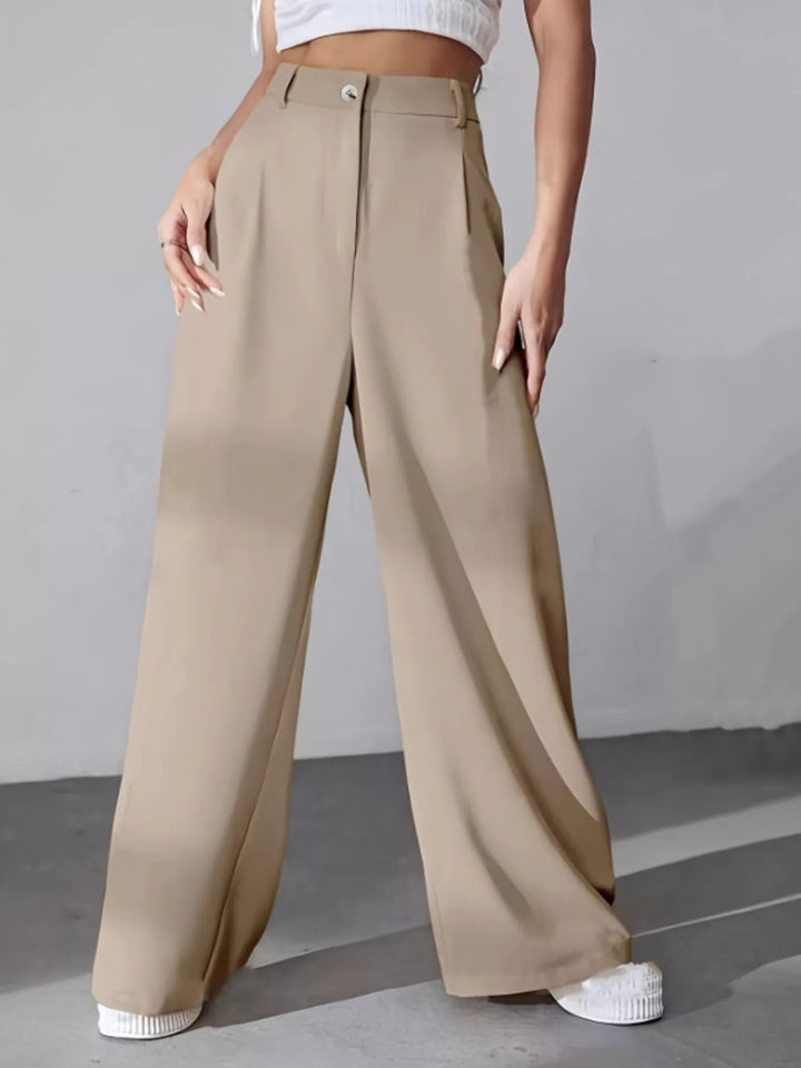 Khaki High-rise wide-leg pleated pants with button waist