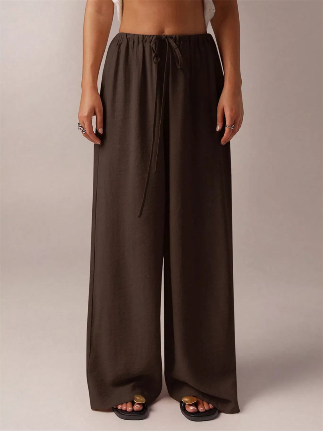 Linen-look drawstring wide-leg pants with side pockets