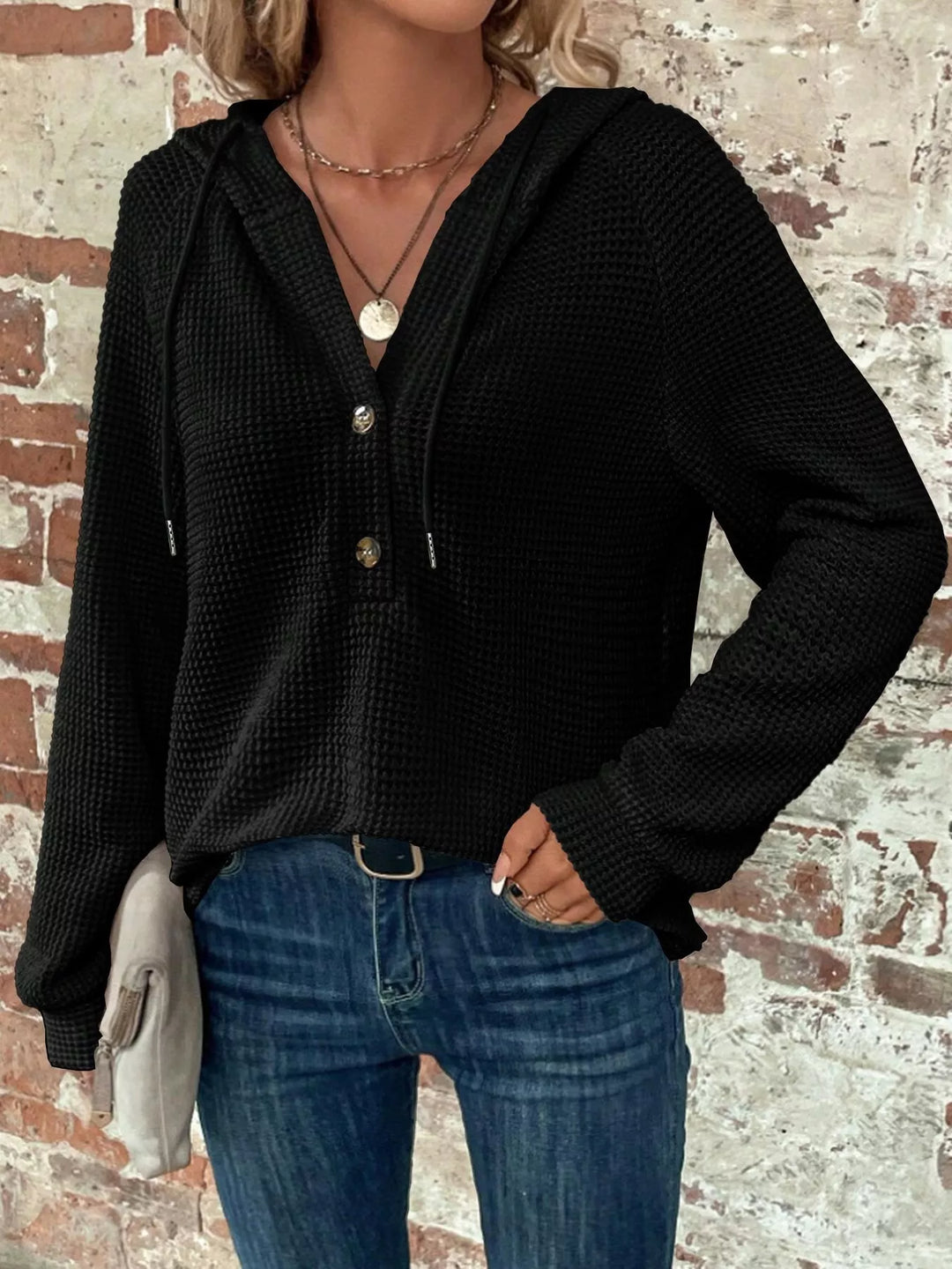 Waffle knit button-front hoodie with drawstring hood