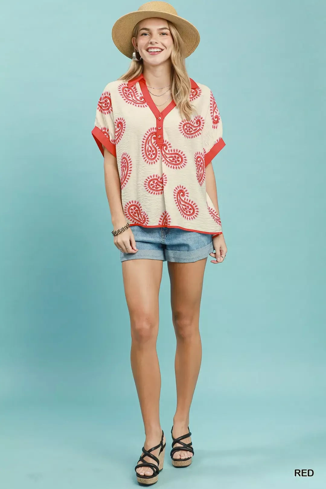 Paisley print short sleeve top with contrast trim