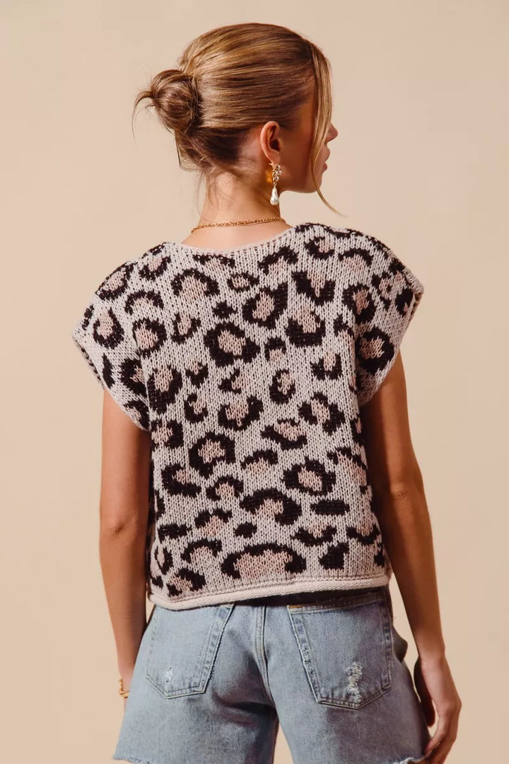 Leopard knit button-front sweater vest with gold buttons