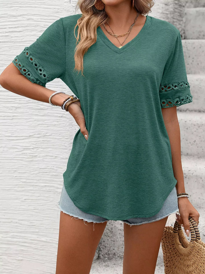 V-neck tee with crochet lace cutout sleeves