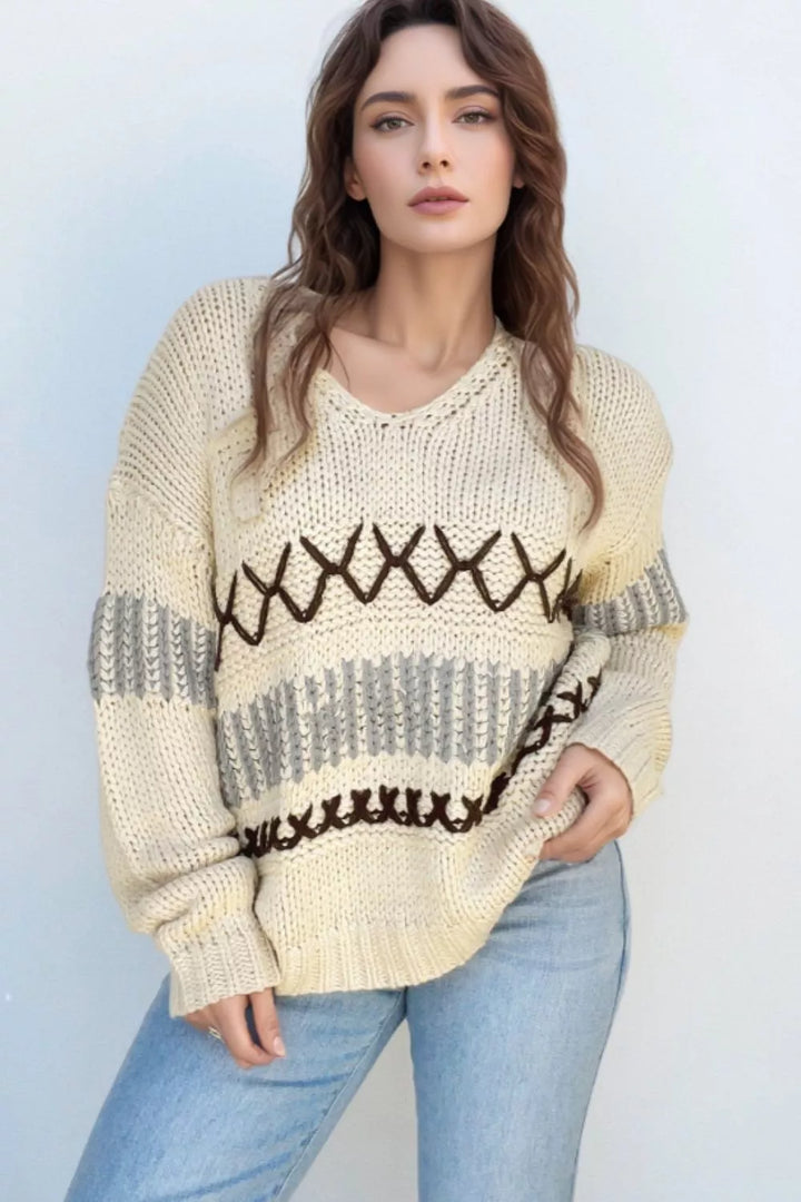 Cream Cross-stitch trim V-neck chunky knit sweater