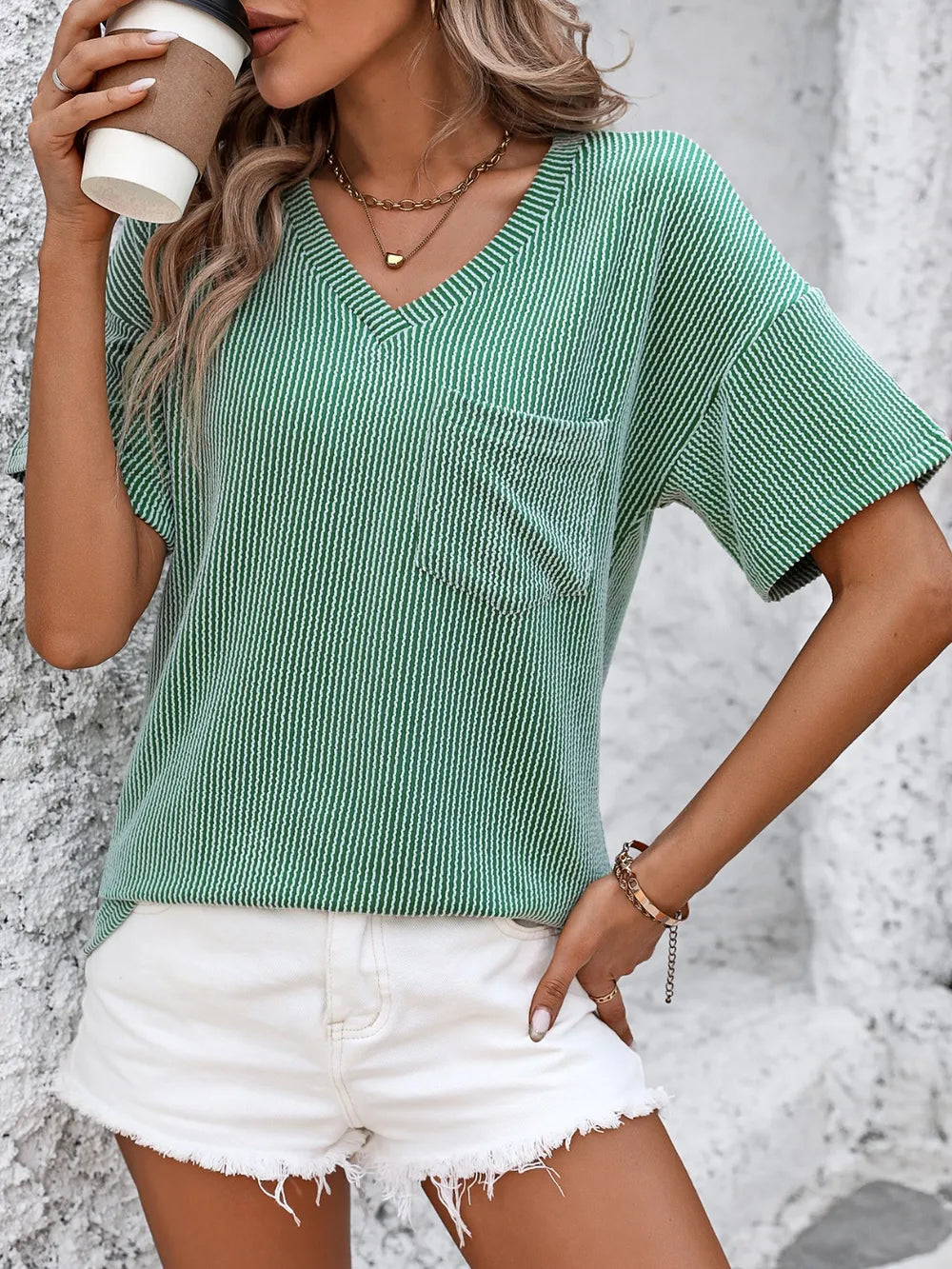 Ribbed V-neck dropped-shoulder tee with chest pocket