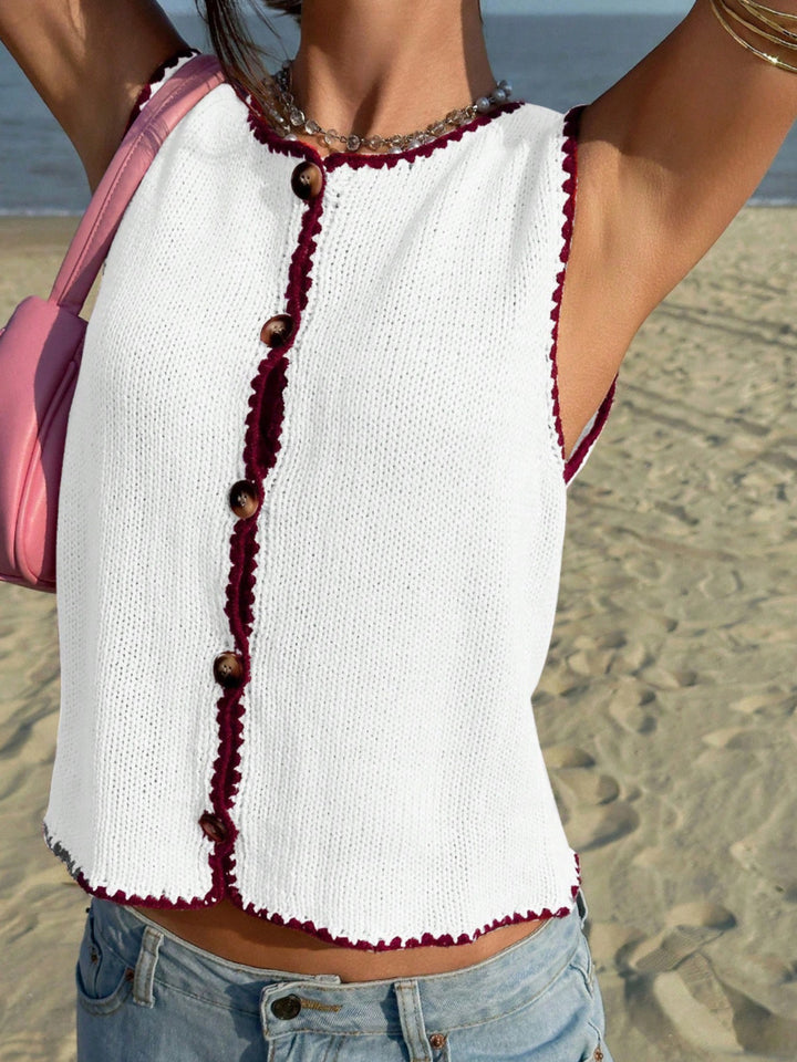 Button-front knit sweater vest with contrast whipstitch trim