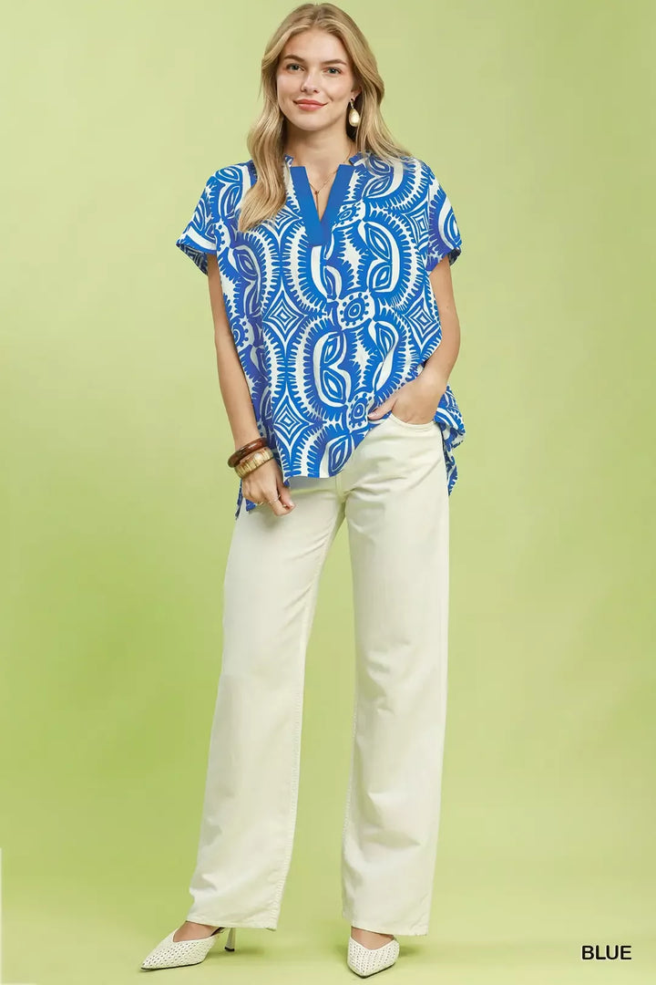 Geometric print split V-neck oversized short sleeve top