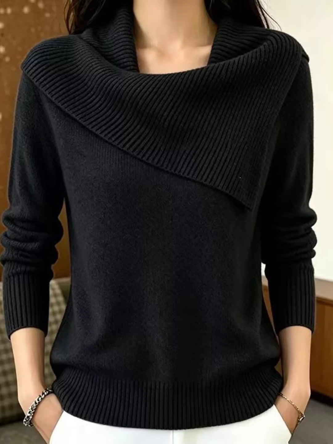 Black Asymmetric foldover ribbed collar knit pullover sweater