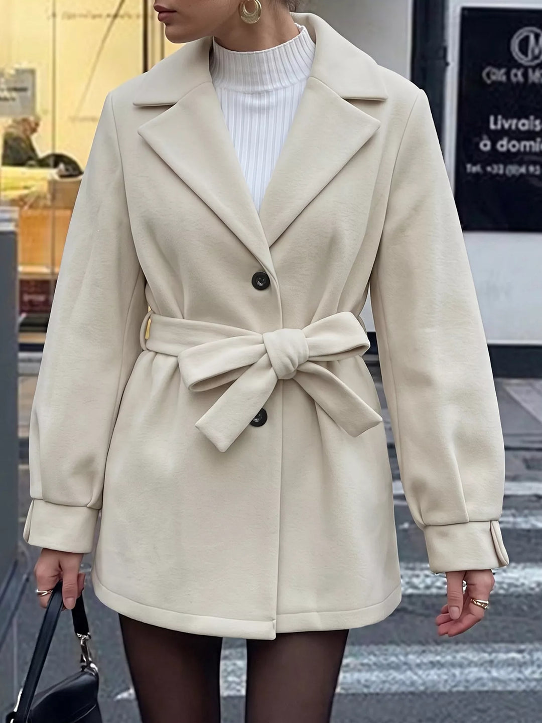 Belted notch lapel short coat with flap pockets