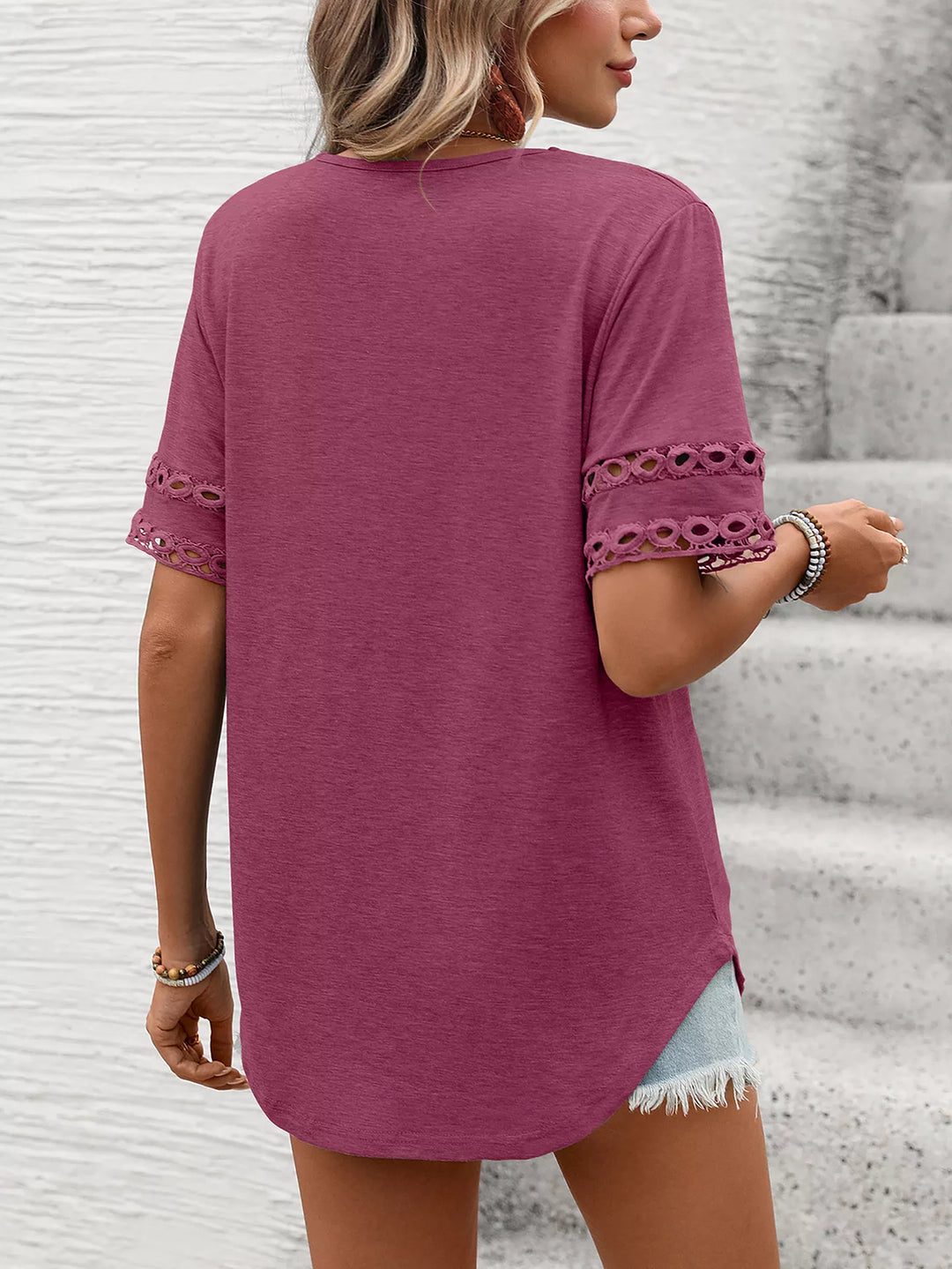V-neck tee with crochet lace cutout sleeves