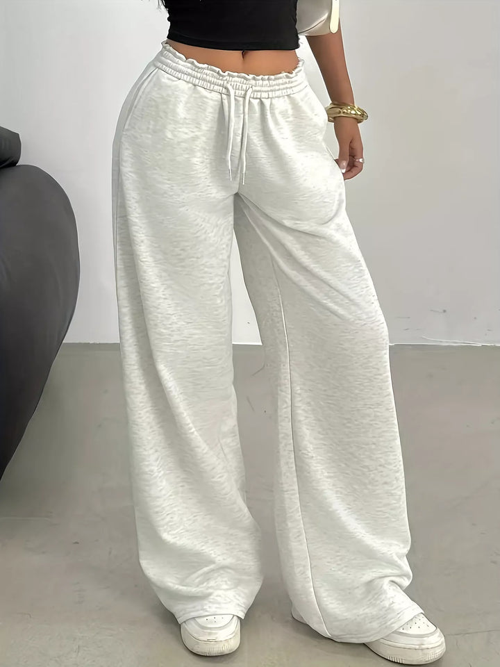 Wide-leg drawstring sweatpants with ruffled elastic waist