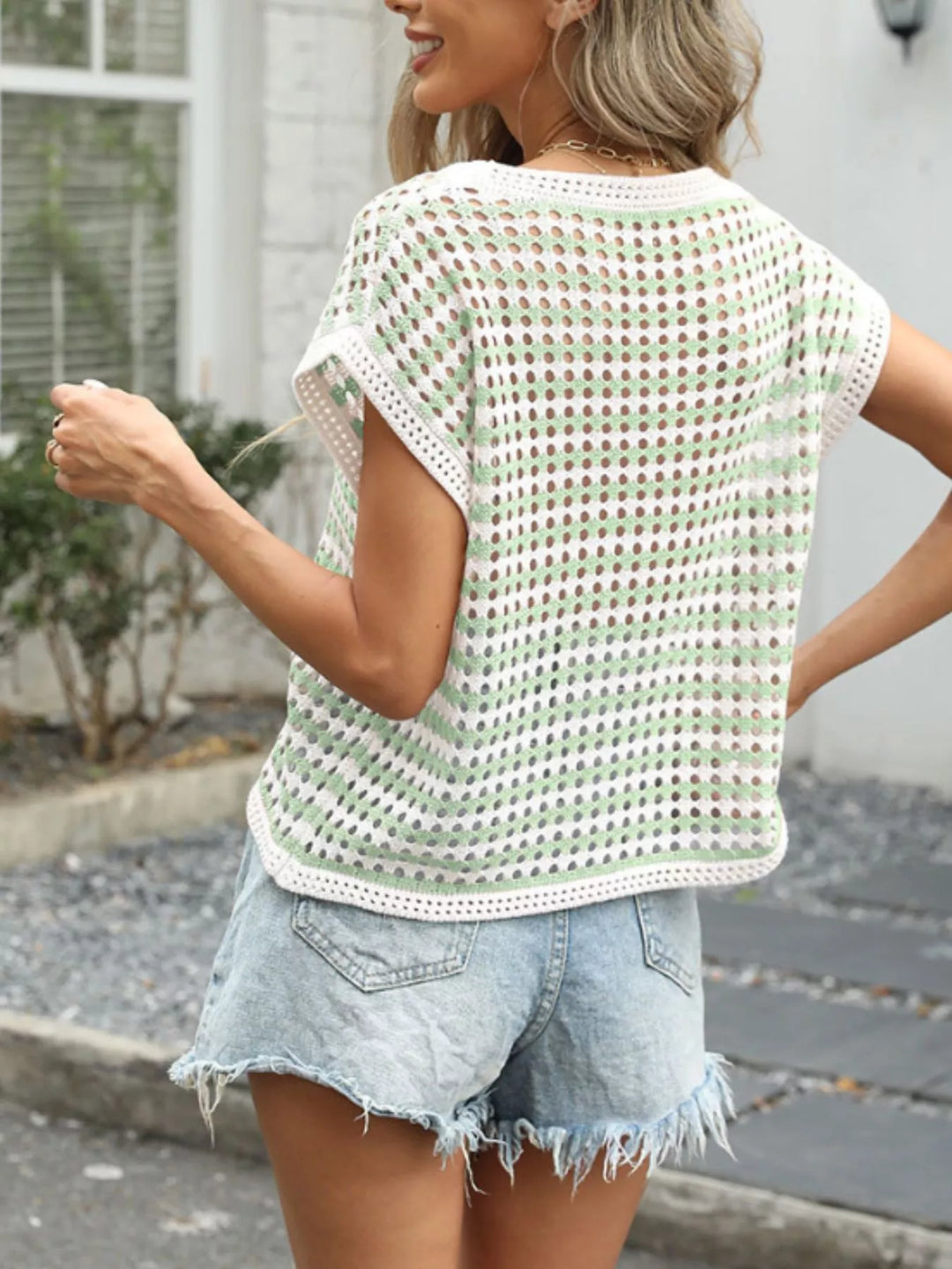 Striped openwork crochet knit top with cap sleeves