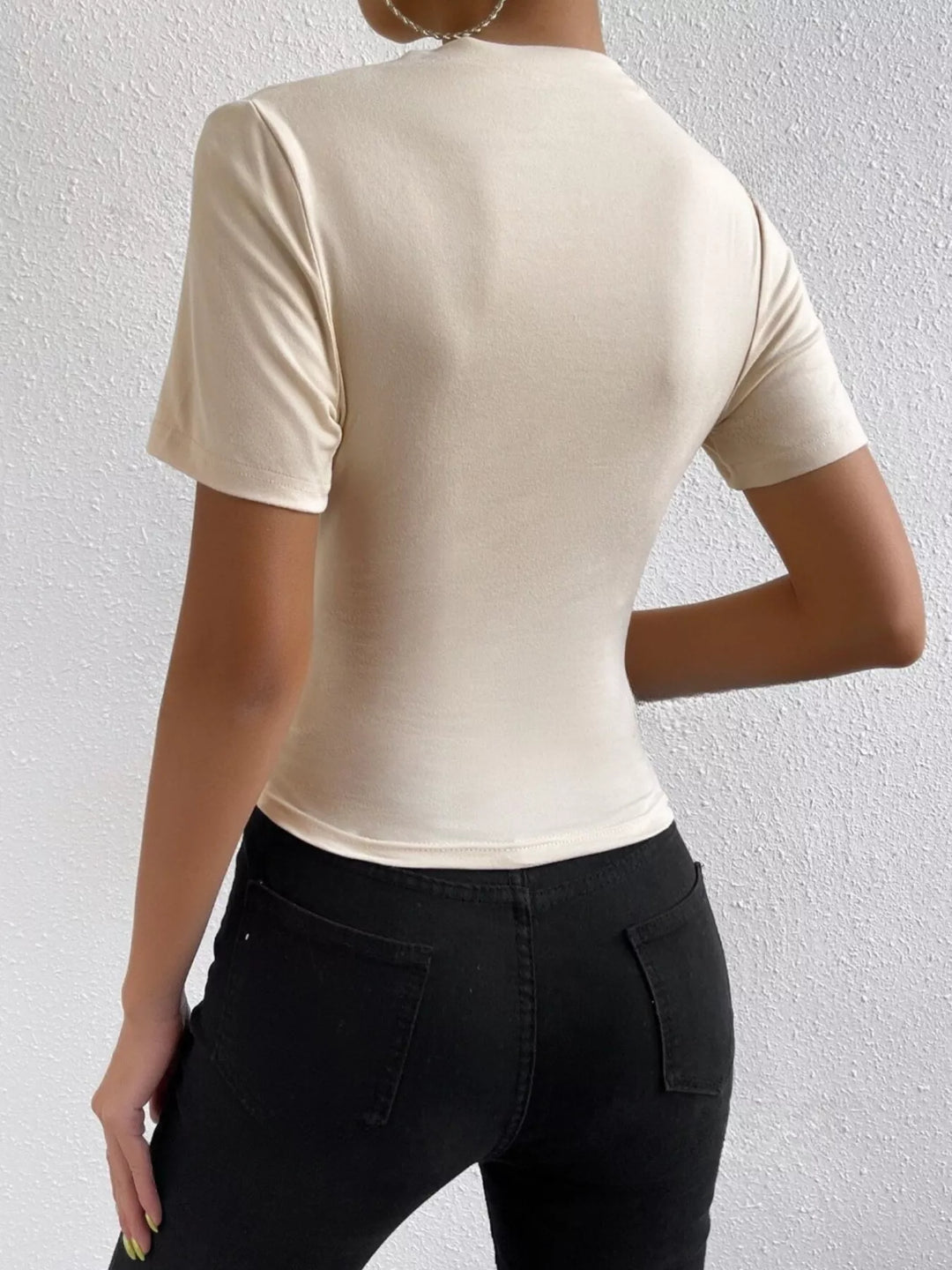 Ruched asymmetric short sleeve fitted top