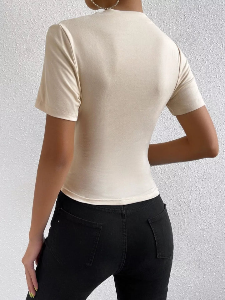 Ruched asymmetric short sleeve fitted top