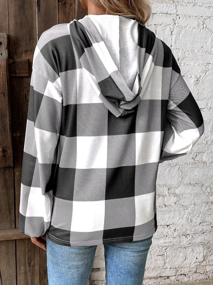 Buffalo plaid button-neck hoodie with drawstring hood