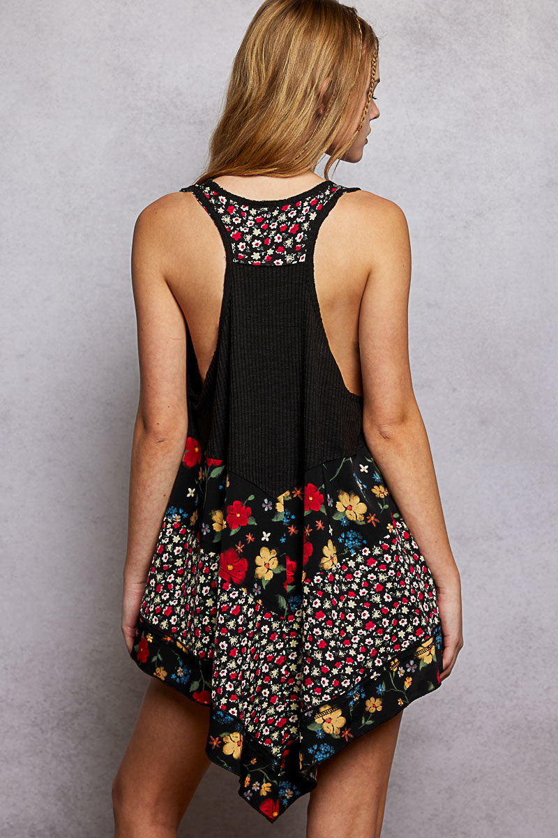 Ribbed swing tank with mixed floral print and button placket