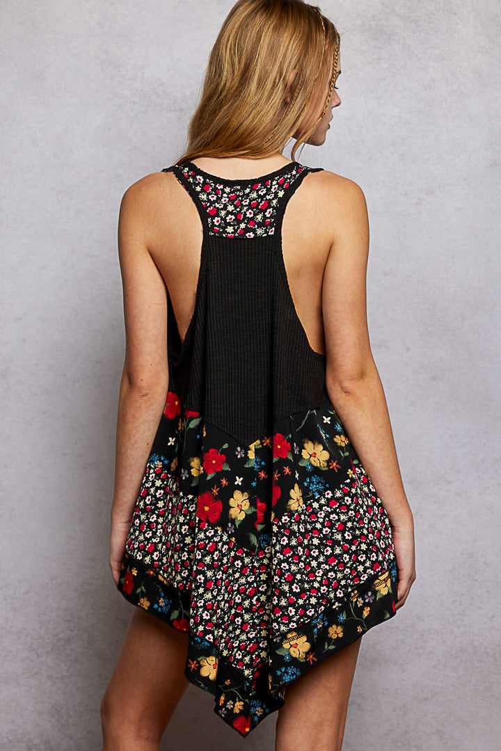 Ribbed swing tank with mixed floral print and button placket