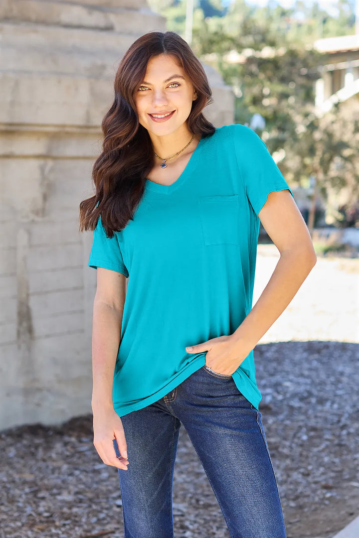 Sky Blue V-neck short sleeve pocket tee with relaxed drape