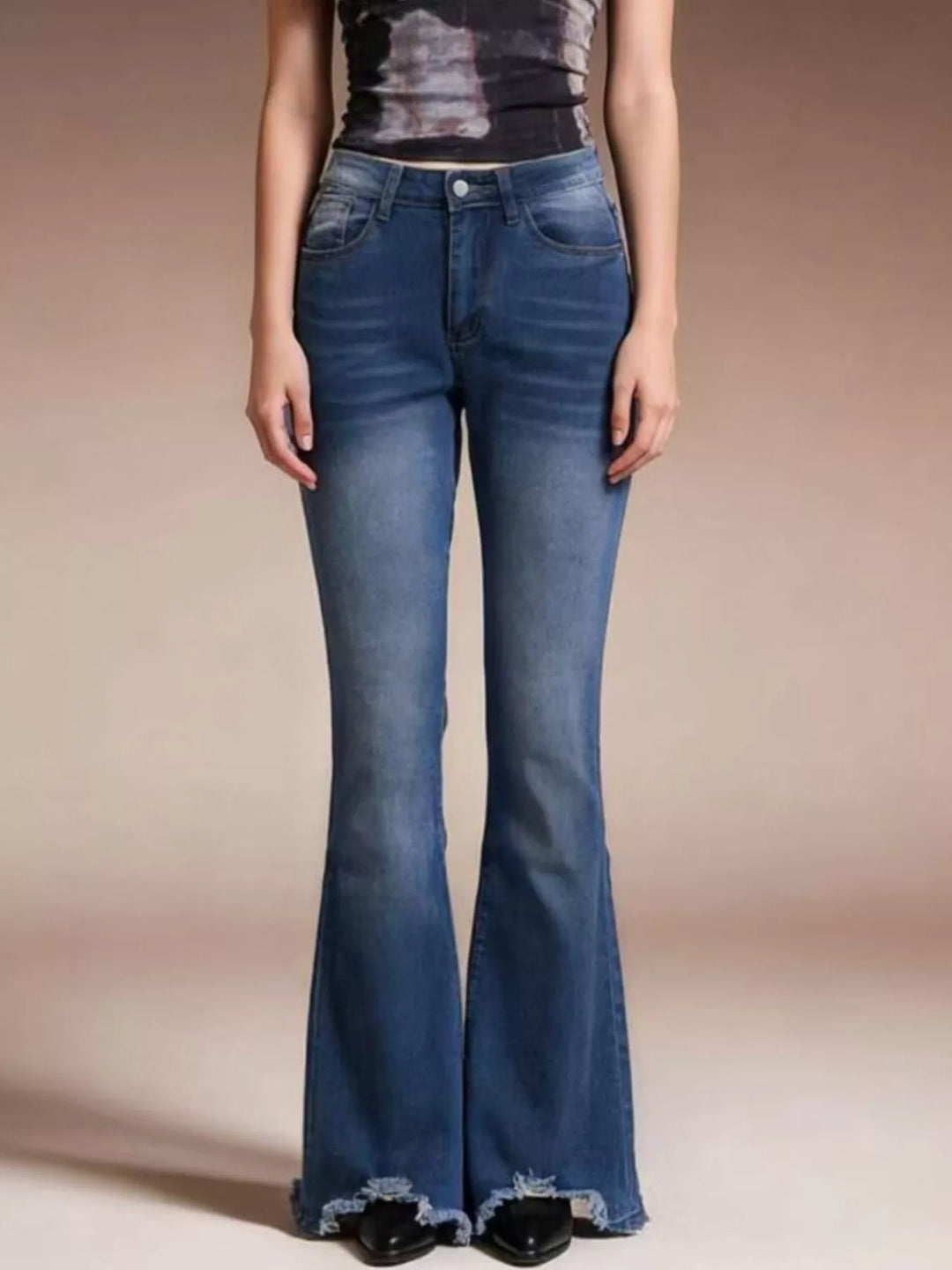 Blue Raw hem high-rise flare jeans with whiskered wash