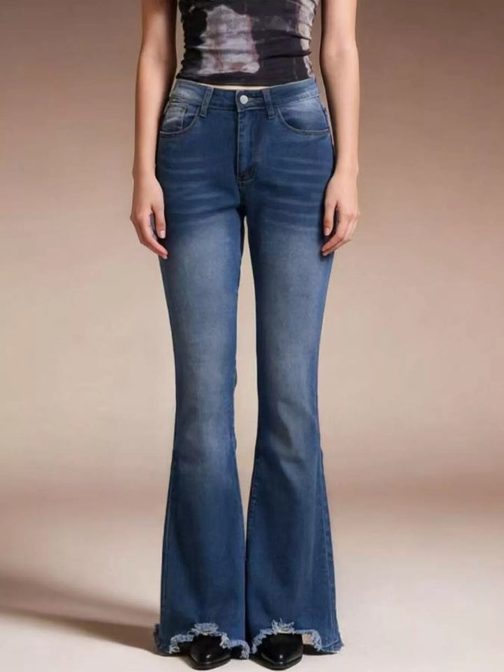 Blue Raw hem high-rise flare jeans with whiskered wash