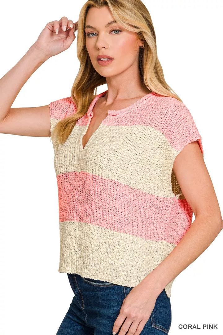 Split-neck striped short-sleeve knit sweater