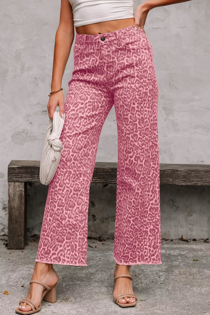 Dusty Pink Leopard print wide-leg high-rise jeans with frayed hem