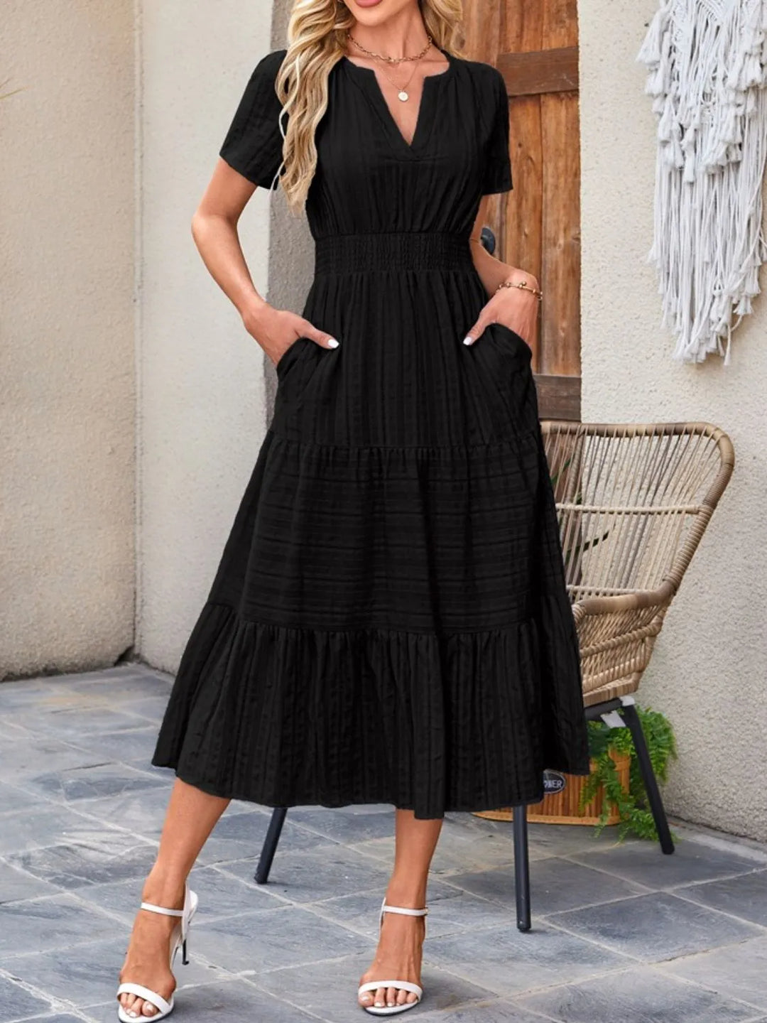 Black Tiered notched neck short sleeve midi dress with pockets